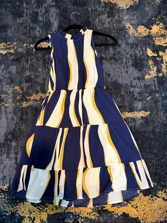 Source Unknown Dresses & Skirts - Source Unknown Navy, White & Yellow Wave-Print Tiered Midi Dress